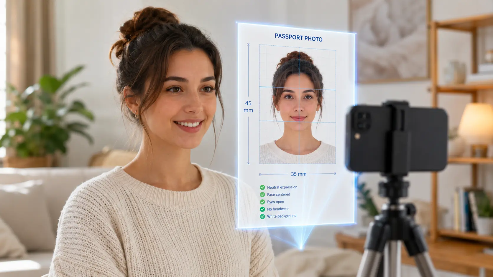 Clean minimalist photo setup for taking passport and ID photos at home
